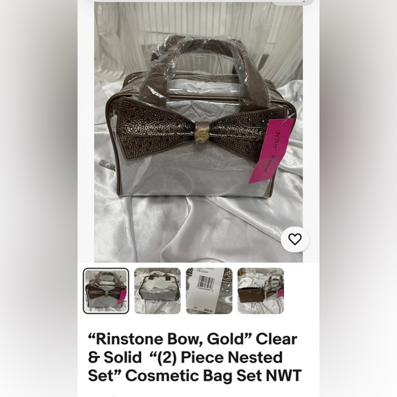 “Betsey Johnson” Gold Tone Clear Set (2) Cute Bow Glitter Makeup Set NWT - Picture 5 of 6